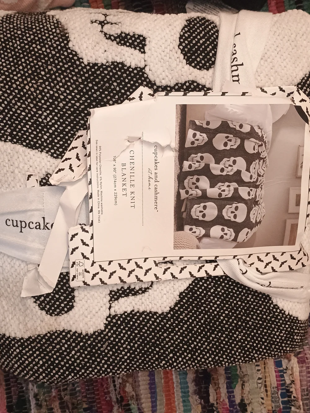cupcakes & cashmere Black and White Skull Chenille Knit Blanket